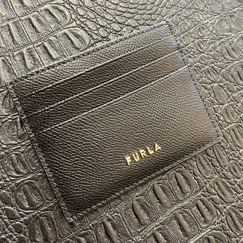 Furla Black Leather Card Case Holder -Gold Color Emblem
